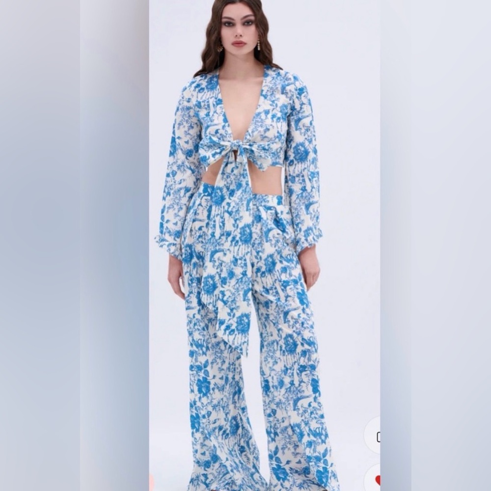 AKIRA Blue and White Floral Tie-Front Jumpsuit